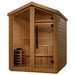 Seen from the front right, Golden Designs Kaarina 6 Person Barn Outdoor Traditional Sauna shows its glass front, gable roof and guarded stove inside