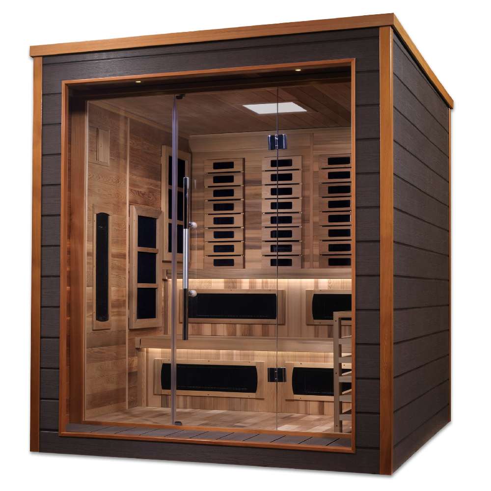Seen from the front right, Golden Designs Karlstad 6 Person Outdoor-Indoor PureTech Hybrid Full Spectrum Sauna shows its dark exterior, glass front and infrared panels above lit benches