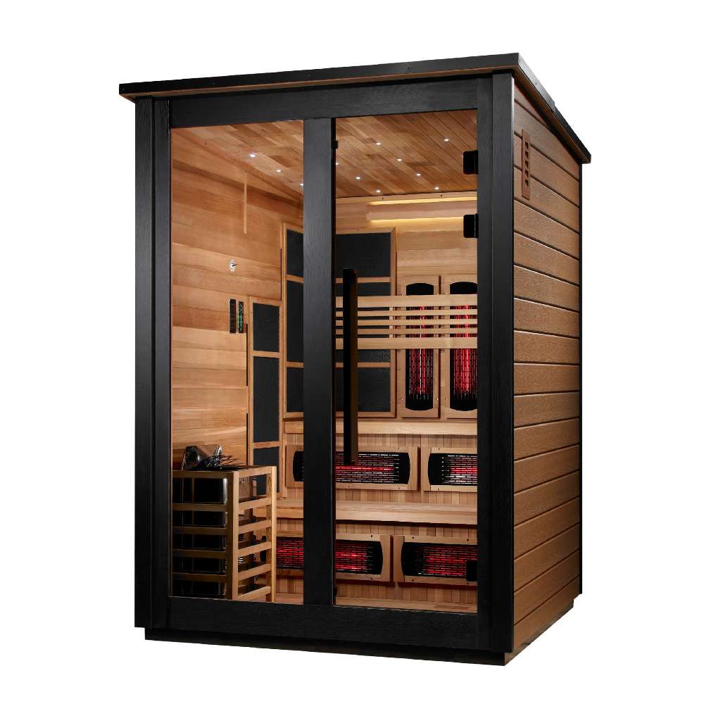 Seen from the front right, Golden Designs Kaskinen 6 Person 2 Tone Barn Hybrid Outdoor Sauna shows its cedar side wall, black trim and guarded stove inside