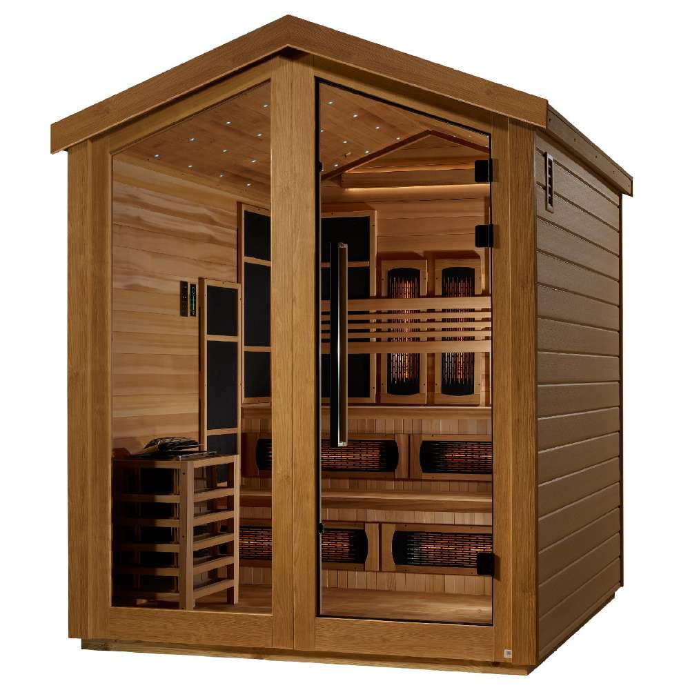 Seen from the front right, Golden Designs Kaskinen 6 Person Barn Hybrid Outdoor Sauna shows its glass double doors, a guarded stove and infrared heaters along the benches