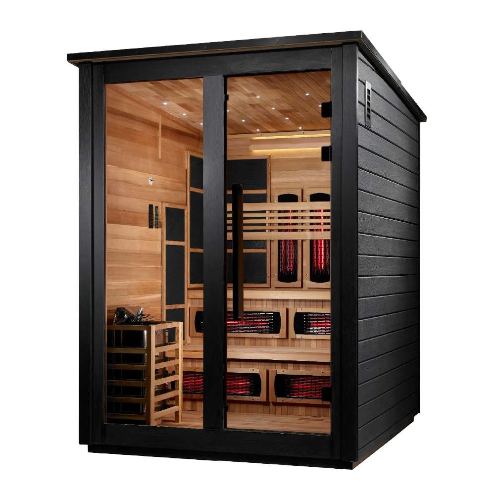 Seen from the front right, Golden Designs Kaskinen 6 Person Black Barn Hybrid Outdoor Sauna shows its black exterior, glass doors and guarded stove inside