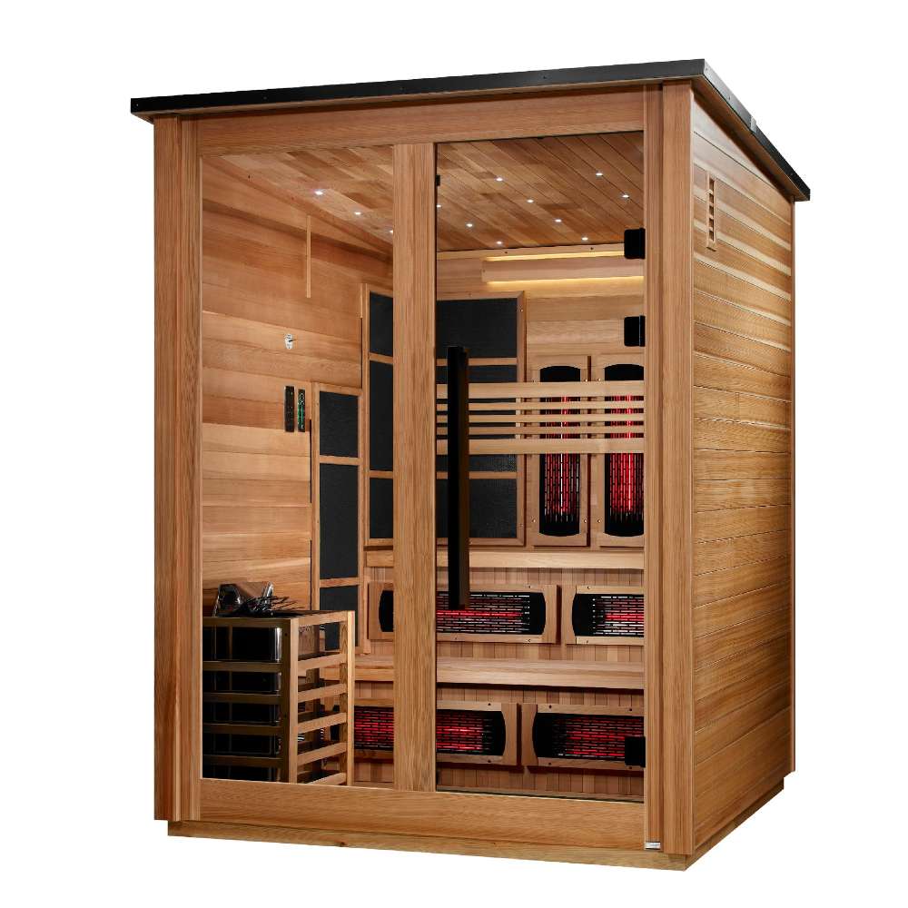 Seen from the front right, Golden Designs Kaskinen 6 Person Pacific Cedar Barn Hybrid Outdoor Sauna shows its cedar walls, glass doors and guarded stove inside