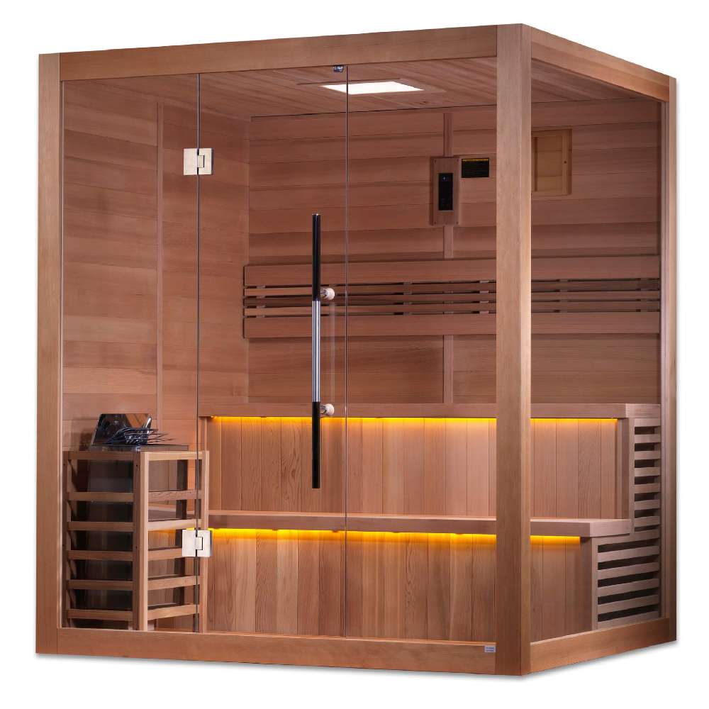 Seen from the front right, Golden Designs Kuusamo 6 Person Traditional Sauna shows its glass front, the guarded stove and lit tiered benches inside