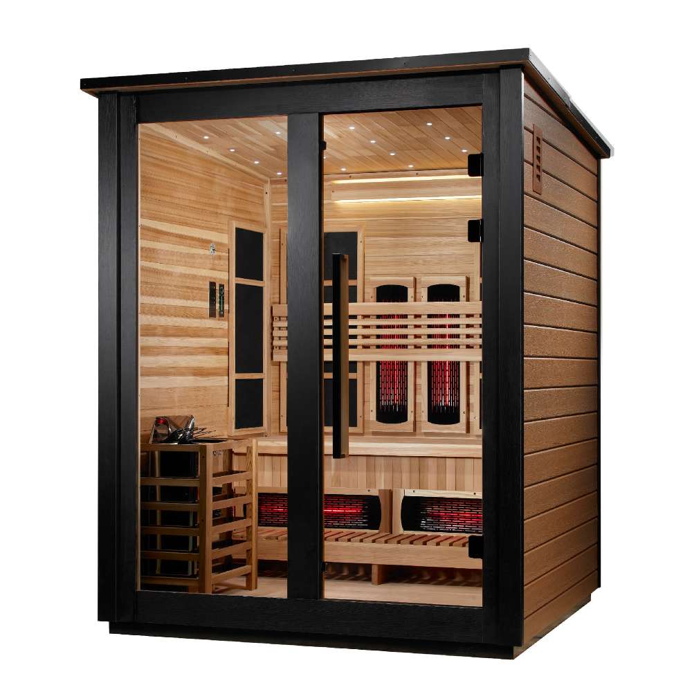 Seen from the front right, Golden Designs Loviisa 3 Person 2 Tone Barn Hybrid Outdoor Sauna shows its cedar side wall, black trim and guarded stove inside