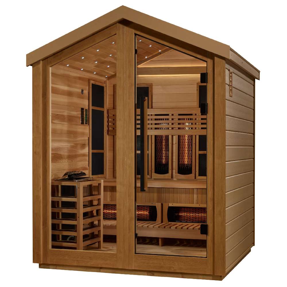 Seen from the front right, Golden Designs Loviisa 3 Person Barn Hybrid Outdoor Sauna shows its glass front, carbon panels and guarded stove