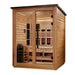 Seen from the front right, Golden Designs Loviisa 3 Person Pacific Cedar Barn Hybrid Outdoor Sauna shows its cedar walls, glass doors and guarded stove inside