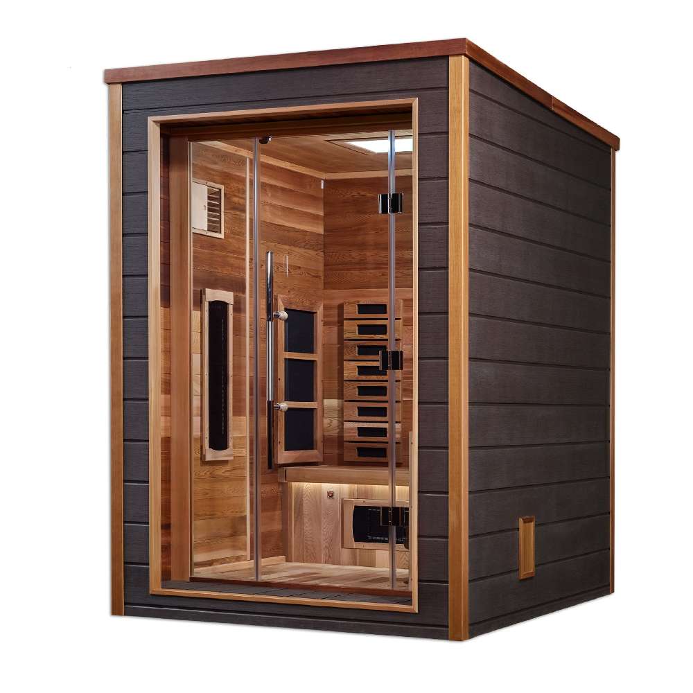Seen from the front right, Golden Designs Nora 2 Person Outdoor-Indoor PureTech Hybrid Full Spectrum Sauna shows its glass front, side heater and dark exterior wall