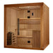 Seen from the front right, Golden Designs Osla 6 Person Traditional Sauna shows its cedar side wall and the guarded stove through the glass front