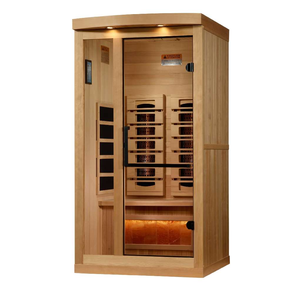Seen from the front right, Golden Designs Reserve Edition 1 Person Full Spectrum Sauna with Himalayan Salt Bar shows its hemlock side wall, glass door and a vertical side heater inside