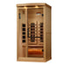Seen from the front right, Golden Designs Reserve Edition 1 Person Full Spectrum Sauna with Himalayan Salt Bar shows its hemlock side wall, glass door and a vertical side heater inside