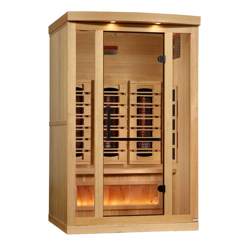 Seen from the front right, Golden Designs Reserve Edition 2 Person Full Spectrum Sauna with Himalayan Salt Bar shows its hemlock side wall, glass door and carbon panels