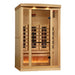 Seen from the front right, Golden Designs Reserve Edition 2 Person Full Spectrum Sauna with Himalayan Salt Bar shows its hemlock side wall, glass door and carbon panels