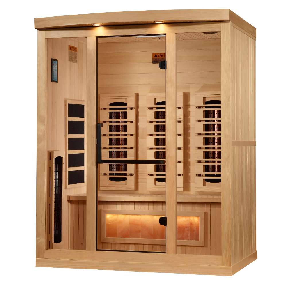 Seen from the front right, Golden Designs Reserve Edition 3 Person Full Spectrum Sauna with Himalayan Salt Bar shows its hemlock side wall, glass door with a black handle and carbon panels