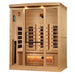 Seen from the front right, Golden Designs Reserve Edition 3 Person Full Spectrum Sauna with Himalayan Salt Bar shows its hemlock side wall, glass door with a black handle and carbon panels
