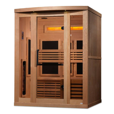 Seen from the front right, Golden Designs Reserve Edition 3 Person Near Zero EMF Full Spectrum Sauna with Himalayan Salt Bar shows its hemlock side wall, a black towel bar and a glowing salt bar