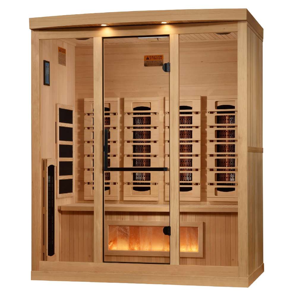 Seen from the front right, Golden Designs Reserve Edition 4 Person Full Spectrum Sauna with Himalayan Salt Bar shows its hemlock side wall, glass door and a vertical side heater inside