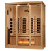 Seen from the front right, Golden Designs Reserve Edition 4 Person Full Spectrum Sauna with Himalayan Salt Bar shows its hemlock side wall, glass door and a vertical side heater inside