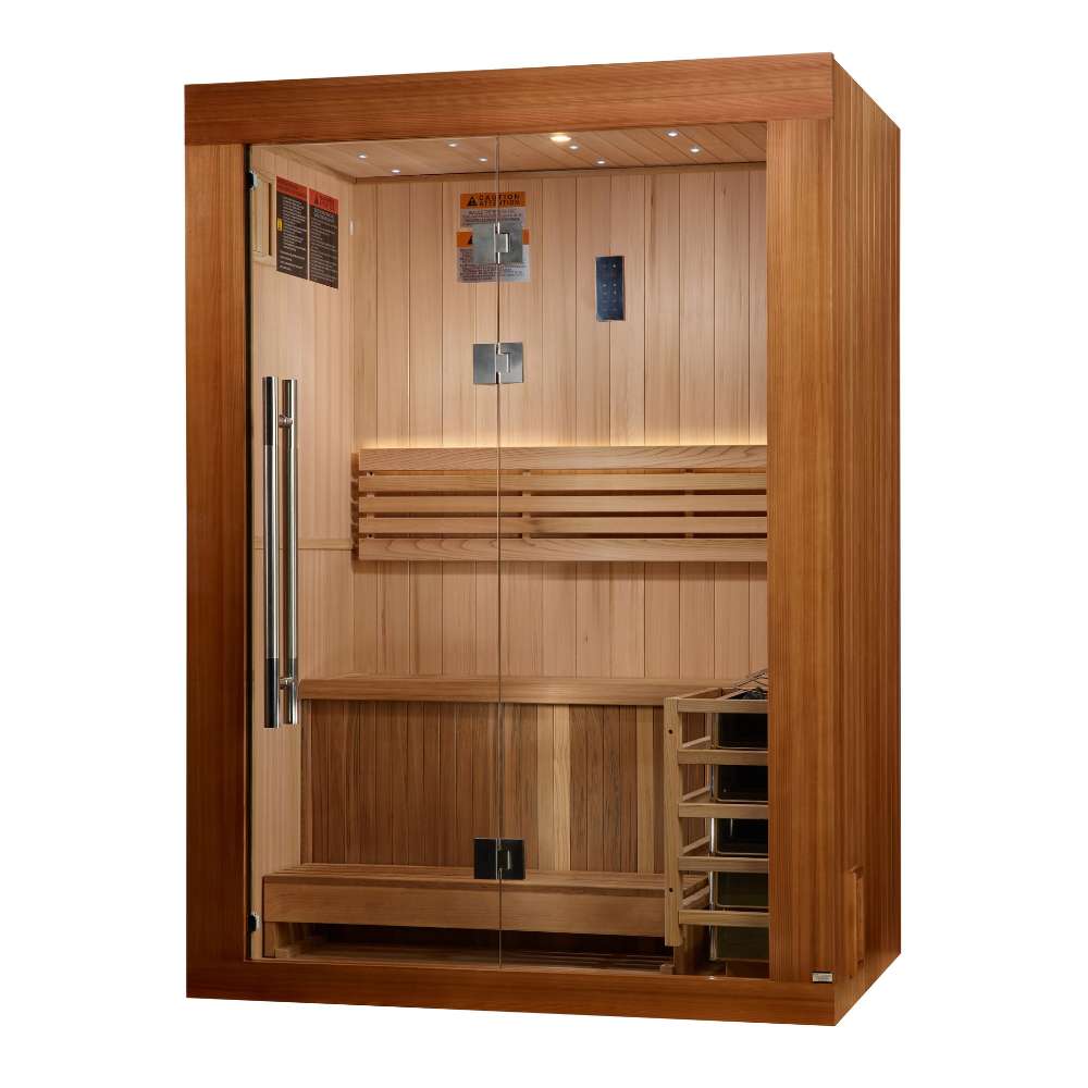 Seen from the front right, Golden Designs Sundsvall 2 Person Traditional Sauna shows its cedar side wall, glass front and lit backrest inside