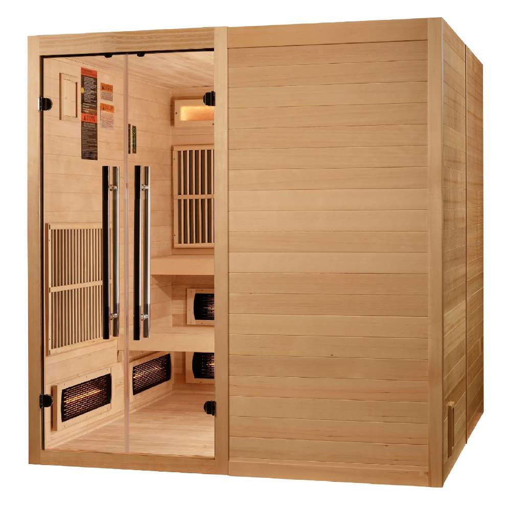 Seen from the front right, Golden Designs Toledo 6 Person Indoor Hybrid Sauna with Full Spectrum IR and Harvia Stove shows an open doorway with carbon panels and near infrared heaters inside