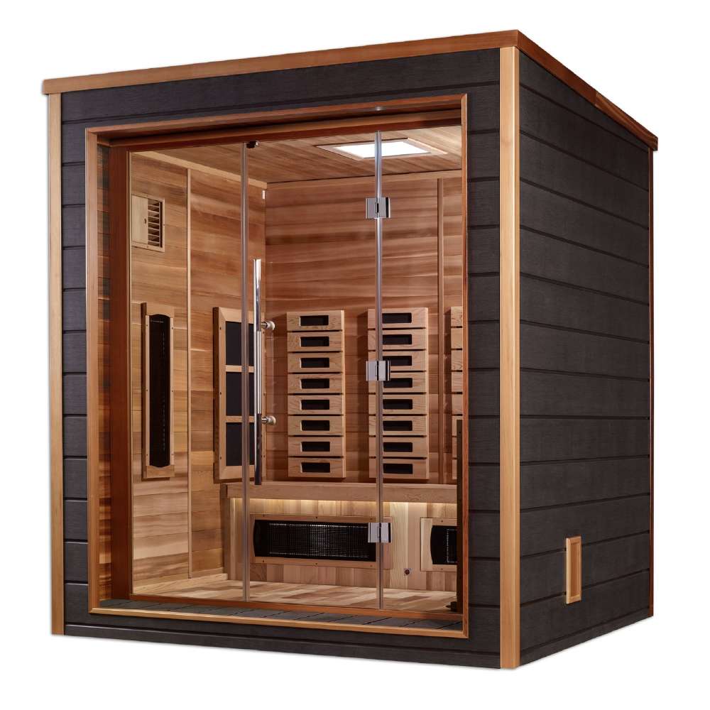 Seen from the front right, Golden Designs Visby 3 Person Outdoor-Indoor PureTech Hybrid Full Spectrum Sauna shows a dark gray side wall, cedar trim and a guarded stove behind the glass