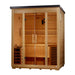 Seen from the front right, Golden Designs Vorarlberg 5 Person Traditional Flat Roof Outdoor Sauna shows its hemlock side wall, black flat roof and glass front with a guarded stove inside