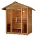 Seen from the front right, Golden Designs Vorarlberg 5 Person Traditional Outdoor Sauna shows its side wall with a vent, glass double doors and cedar benches inside