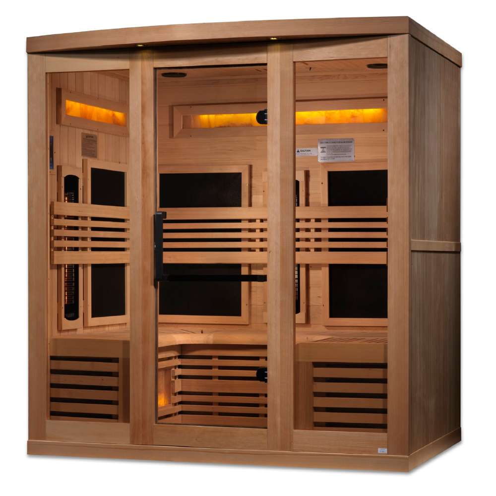 Seen from the front right corner, Golden Designs Reserve Edition 6 Person Near Zero EMF Full Spectrum Sauna with Himalayan Salt Bar shows its glass front, solid wood side wall and glowing salt bar inside