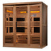 Seen from the front right corner, Golden Designs Reserve Edition 6 Person Near Zero EMF Full Spectrum Sauna with Himalayan Salt Bar shows its glass front, solid wood side wall and glowing salt bar inside