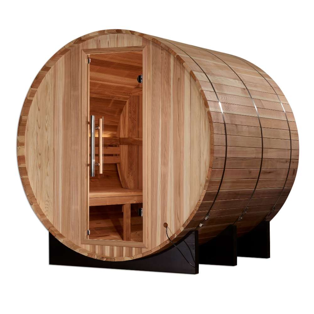 Seen from the left, Golden Designs Arosa 4 Person Barrel Traditional Sauna shows its cedar barrel staves, glass door and support cradles