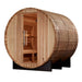 Seen from the left, Golden Designs Arosa 4 Person Barrel Traditional Sauna shows its cedar barrel staves, glass door and support cradles