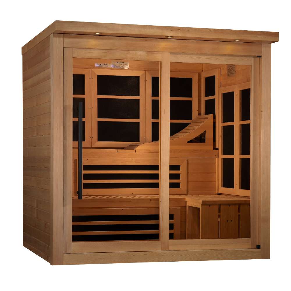 Seen from the right, Golden Designs 6 Person Near Zero EMF Far IR Sauna Elite shows its glass front and L-shaped cedar benches