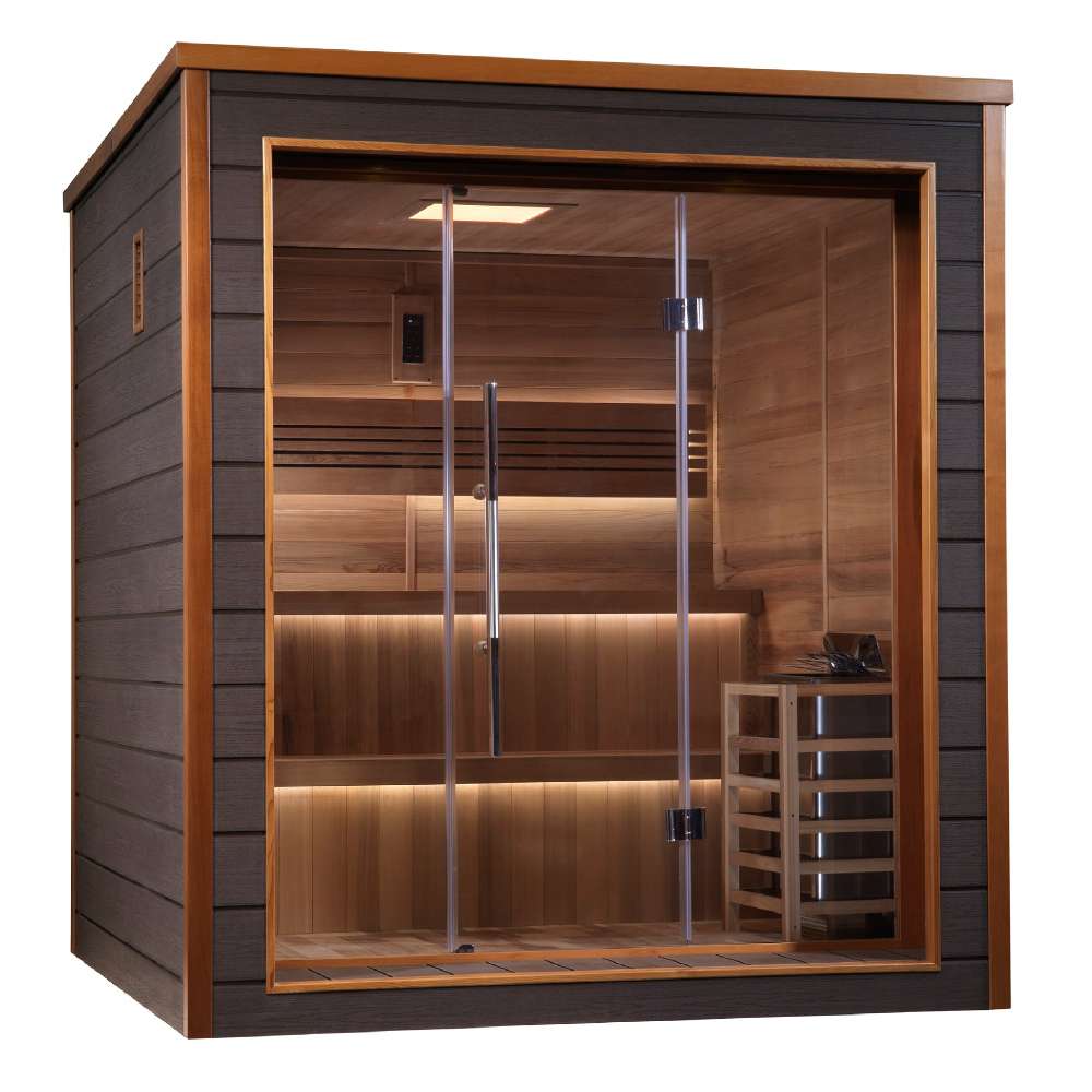 Seen from the right, Golden Designs Bergen 6 Person Outdoor-Indoor Traditional Sauna shows its dark exterior, glass front and lit benches inside