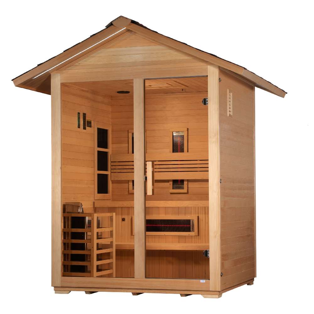 Seen from the right, Golden Designs Carinthia 3 Person Hybrid Outdoor Sauna shows its glass doors, guarded stove and infrared panels inside