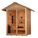 Seen from the right, Golden Designs Carinthia 3 Person Hybrid Outdoor Sauna shows its glass doors, guarded stove and infrared panels inside