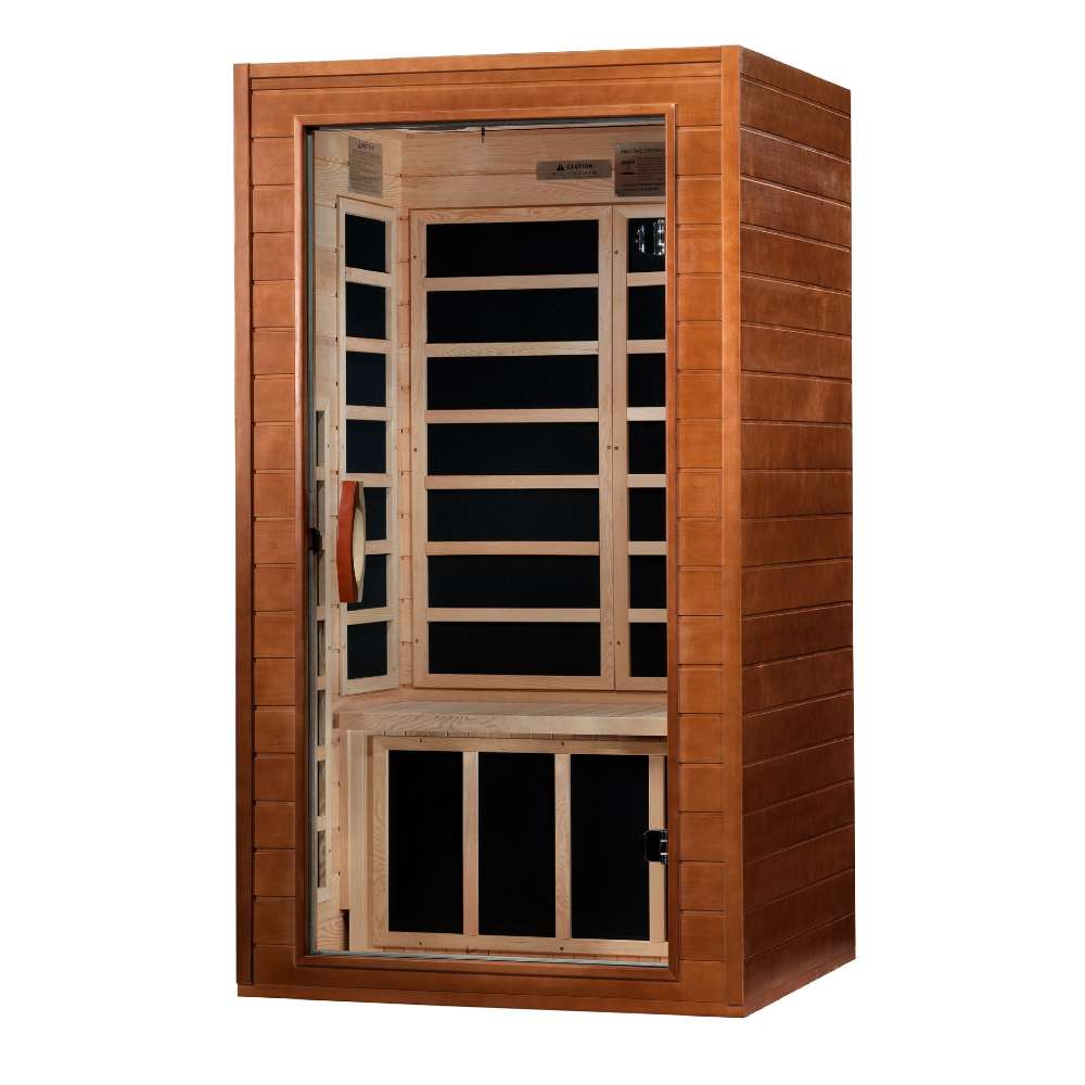Seen from the right, Golden Designs Dynamic Avila 1-2 Person Low EMF Far Infrared Sauna shows its glass door, cedar side wall and carbon panels inside