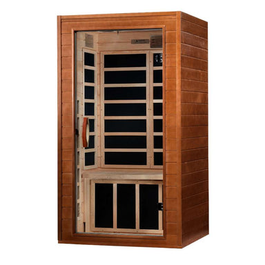 Seen from the right, Golden Designs Dynamic Avila Elite 1-2 Person Ultra Low EMF Far Infrared Sauna shows its cedar side wall, glass door and carbon panels inside