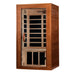 Seen from the right, Golden Designs Dynamic Avila Elite 1-2 Person Ultra Low EMF Far Infrared Sauna shows its cedar side wall, glass door and carbon panels inside