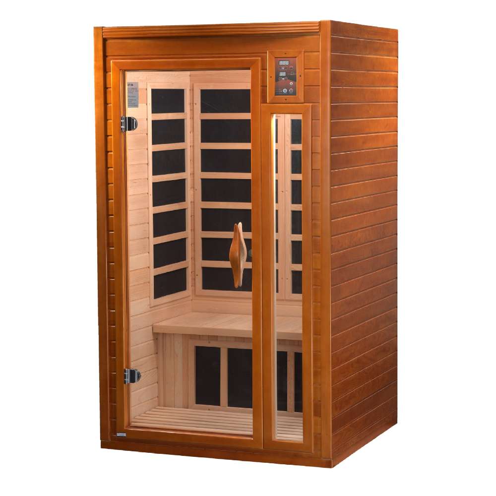 Seen from the right, Golden Designs Dynamic Barcelona 1-2 Person Low EMF Far Infrared Sauna shows its glass door and warm-toned wood side wall
