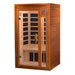Seen from the right, Golden Designs Dynamic Barcelona Elite 1-2 Person Ultra Low EMF Far Infrared Sauna shows its cedar side wall, glass door and bench heater