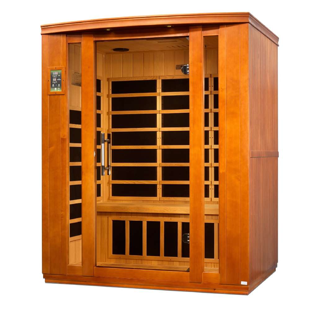 Seen from the right, Golden Designs Dynamic Bellagio 3 Person Low EMF Far Infrared Sauna shows its bronze glass door, side carbon panels and bench heater