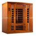 Seen from the right, Golden Designs Dynamic Bergamo 4 Person Low EMF Far Infrared Sauna shows its wide cedar cabin, bronze glass door and carbon panels