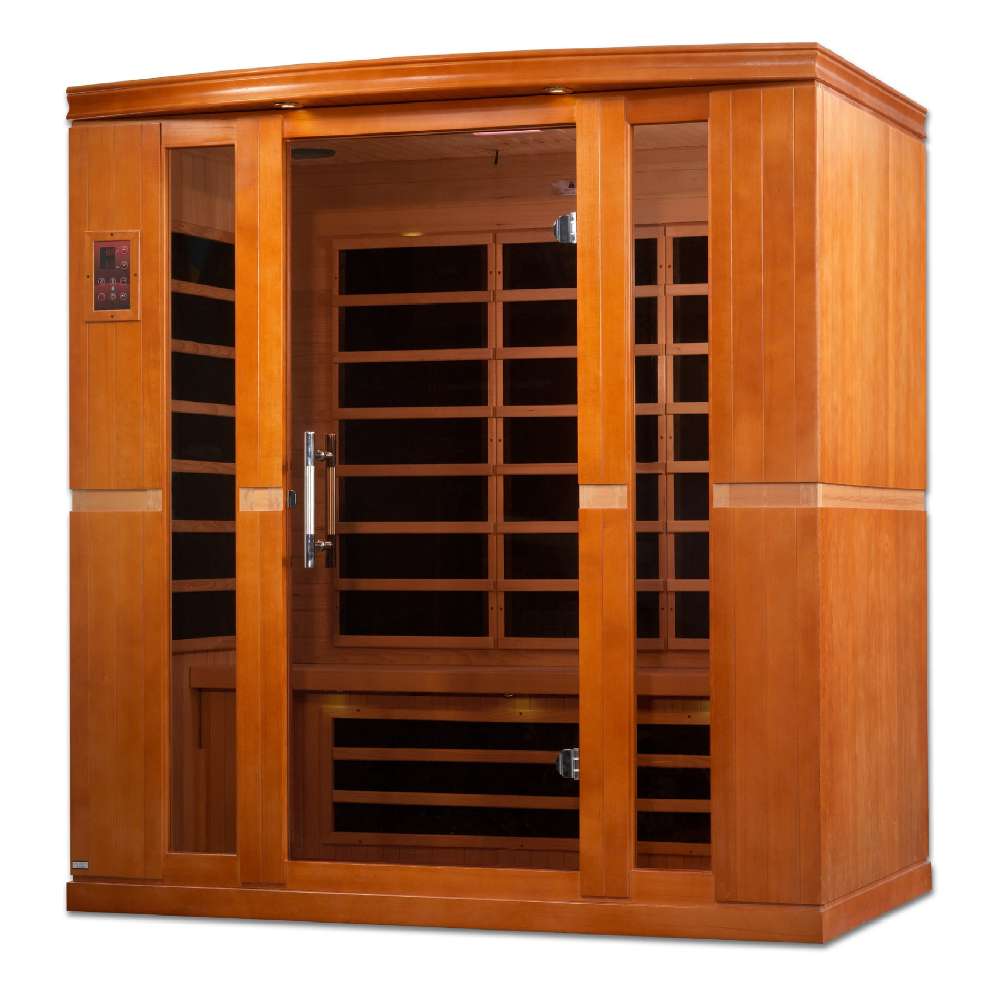 Seen from the right, Golden Designs Dynamic Bergamo Elite 4 Person Ultra Low EMF Far Infrared Sauna shows its side wall, bronze glass door and carbon panels