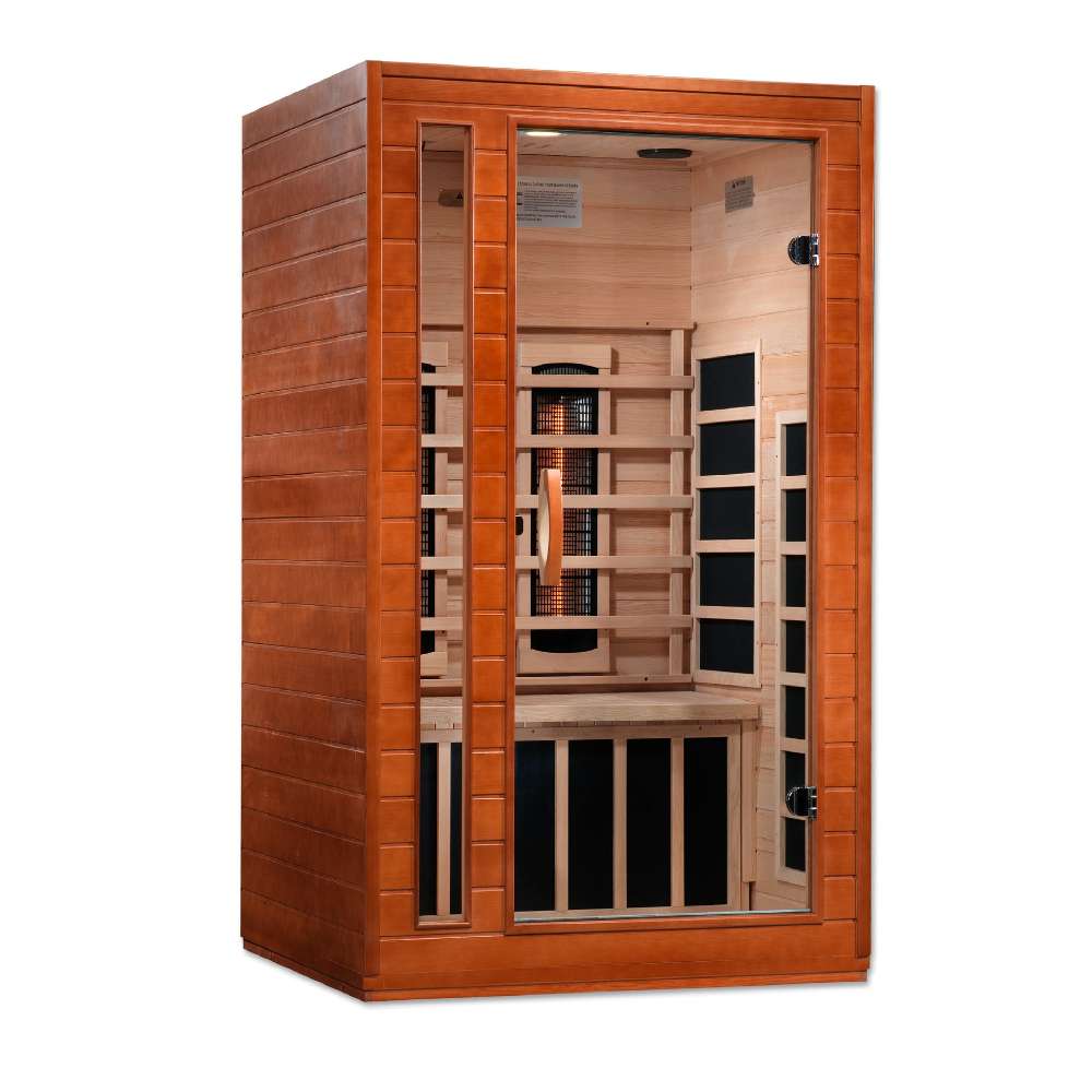 Seen from the right, Golden Designs Dynamic Cordoba 2 Person Full Spectrum Infrared Sauna shows its glass door, carbon panels and bench heaters