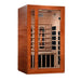 Seen from the right, Golden Designs Dynamic Cordoba 2 Person Full Spectrum Infrared Sauna shows its glass door, carbon panels and bench heaters