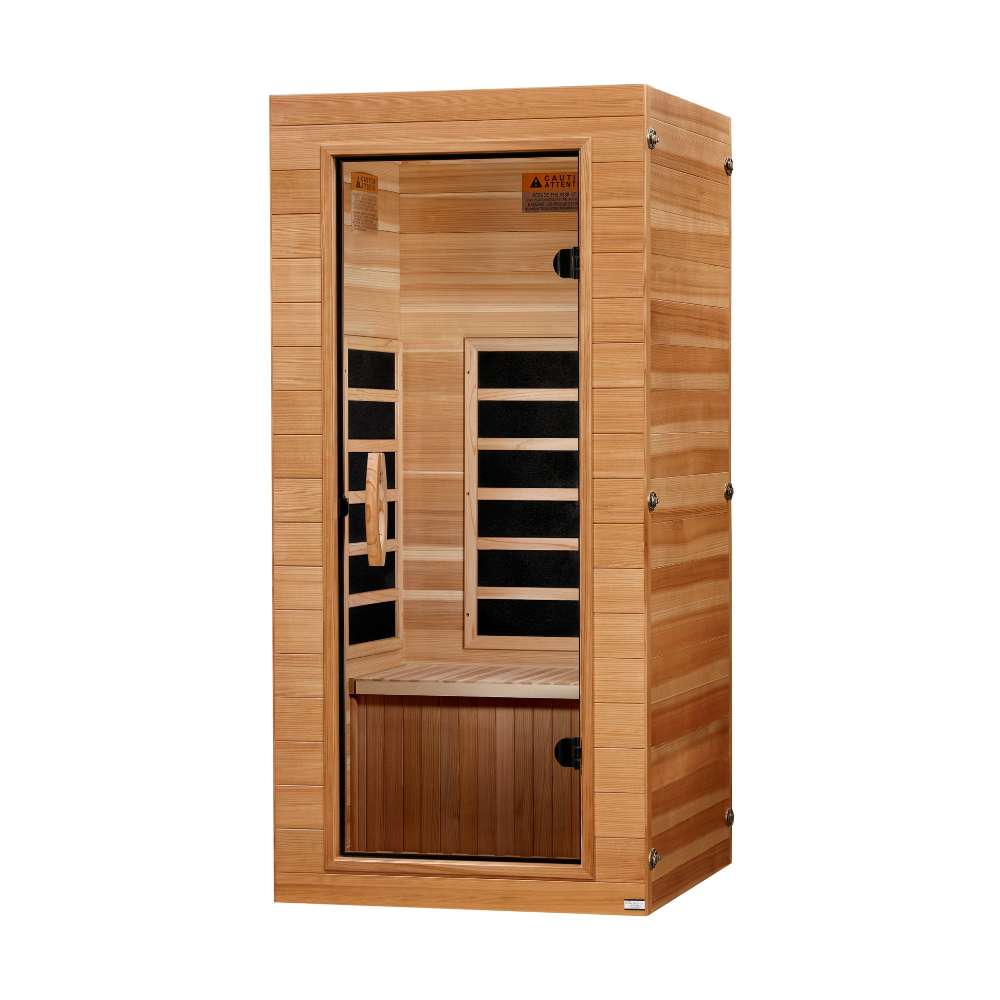 Seen from the right, Golden Designs Dynamic Elite 1 Person Compact Ultra Low EMF Far Infrared Sauna in Pacific Cedar shows its cedar side wall, glass door and bench