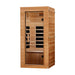 Seen from the right, Golden Designs Dynamic Elite 1 Person Compact Ultra Low EMF Far Infrared Sauna in Pacific Cedar shows its cedar side wall, glass door and bench