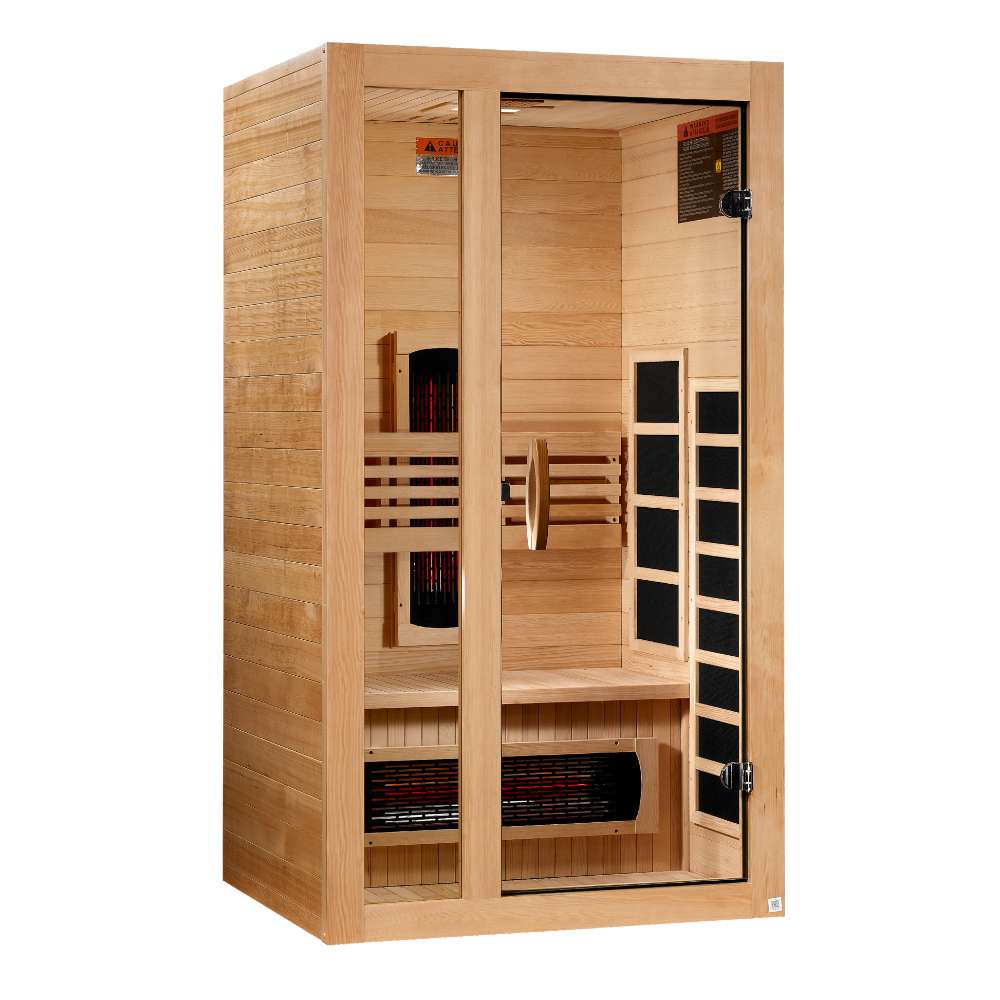 Seen from the right, Golden Designs Dynamic Gracia 1-2 Person Full Spectrum Near Zero EMF Far Infrared Sauna shows its hemlock side wall, glass door and side carbon panels