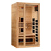 Seen from the right, Golden Designs Dynamic Gracia 1-2 Person Full Spectrum Near Zero EMF Far Infrared Sauna shows its hemlock side wall, glass door and side carbon panels