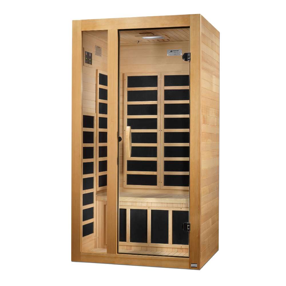 Seen from the right, Golden Designs Dynamic Gracia 1-2 Person Low EMF Far Infrared Sauna shows its glass door, hemlock side wall and carbon panels