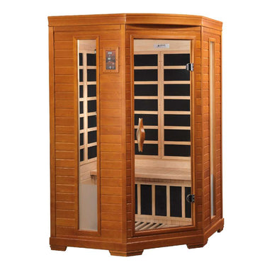 Seen from the right, Golden Designs Dynamic Heming Elite 2 Person Ultra Low EMF Far Infrared Corner Sauna shows its corner shape, bronze glass door and exterior control panel